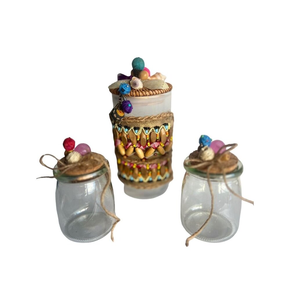 Boho 3-Pc Jar Set Sea Shell Bead Unique Art Upcycled Bohemian Candle Holder
